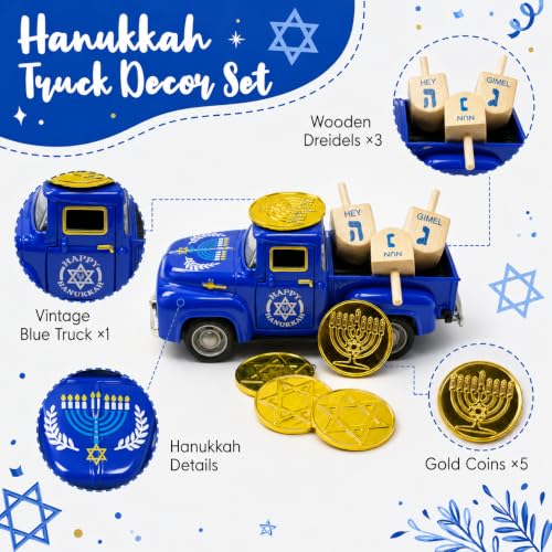 Hanukkah Truck Decor with 3 Wooden Dreidels and Gold Gelt Coins, 5.7-Inch - color: Hanukkah Blue