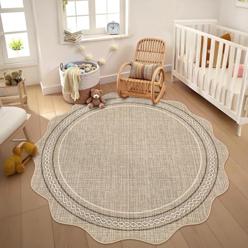 GarveeHome Scalloped Washable Rug, Soft Round Rugs 5ft, Non Slip, Green - color: Jute Color, size: 5' (Round)