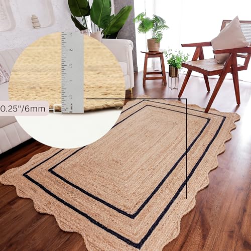 Wave Scalloped Jute Rug Entryway Natural Boho Area Rug Black 2'x3' - color: Black, size: 2'x3'