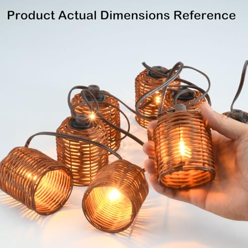 Rustic Lantern String Light, Natural Handwoven Rattan Cage, Plug in & Connectable Lights- Oven Brown Wicker - color: Oven Brown Rattam