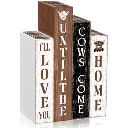 Xuhal 4 Pcs Highland Cow Table Decorations,Rustic Cow Wooden Book for Home - style: Highland Cow