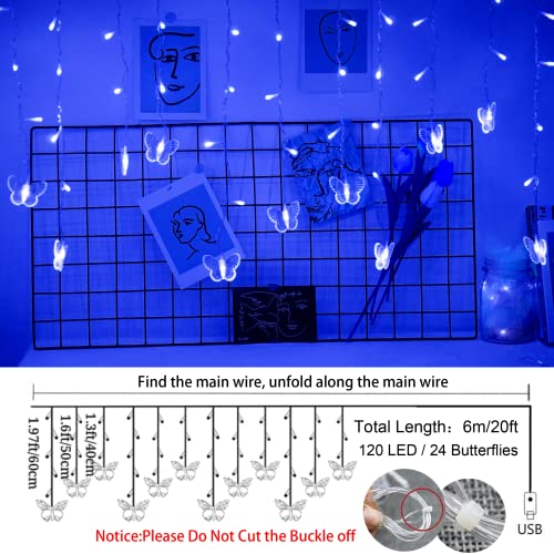 Blue Butterfly Curtain Fairy Lights USB Plug in,120 LED 8 Modes 20FT Firefly Twinkle Icicle String Lights with Remote Timer Waterproof for Bedroom Christmas Wedding Party Dorm Decor - color: Blue