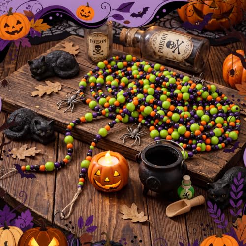 Giegxin 1 Pcs Halloween Wooden Bead Garland, Black, Orange, Green, Purple - color: Black, Orange, Green, Purple