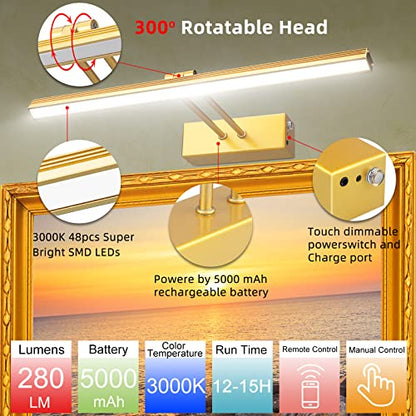 HEAGEERO Picture Lights for Wall,16in Gallery Light,5000mAh Art Light - color: Gold-16"