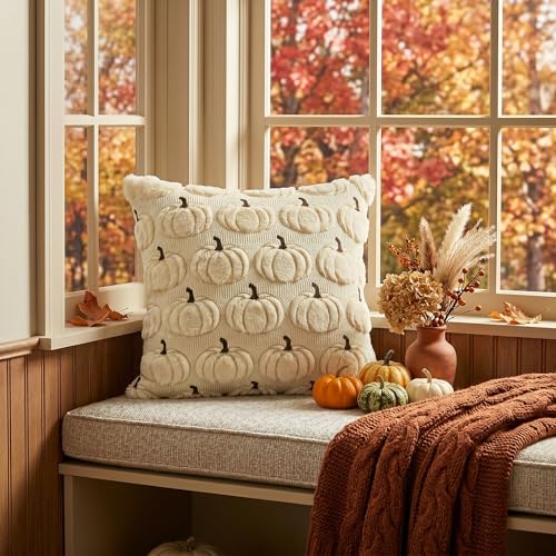 AVOIN colorlife Beige Fall Pumpkin Throw Pillow Covers 18x18 Inch - color: Beige, size: 18" x 18" (Pack of 2)