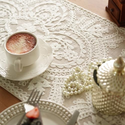 Coffee Table Runner Embroidered Boho Dresser Scarf, Beige 14"x38" - color: Beige, size: 14 x 38 Inches