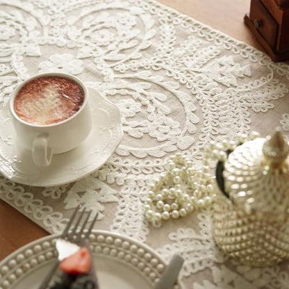 Coffee Table Runner Embroidered Boho Dresser Scarf, Beige 14"x38" - color: Beige, size: 14 x 38 Inches