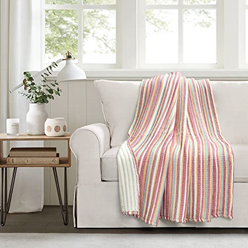 Lush Decor Tracy Stripe Boho Kantha Pick Stitch Cotton Throw Blanket Single 50" W x 60" L Rust & Yellow - Striped Throw Blankets for Bed - Couch Blanket