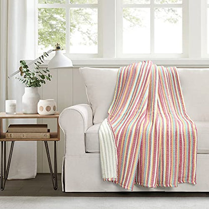 Lush Decor Tracy Stripe Boho Kantha Pick Stitch Cotton Throw Blanket Single 50" W x 60" L Rust & Yellow - Striped Throw Blankets for Bed - Couch Blanket