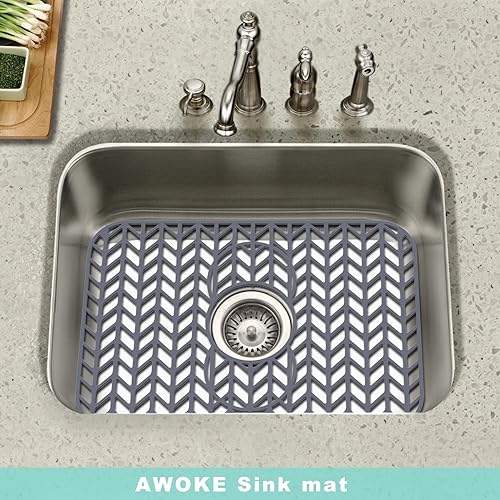 AWOKE Sink Protectors for Kitchen Sink - 19"x 13" Sink Mat - Heat resistant Easy-clean Silicone Sink Mat - for Protection of Stainless Steel Sink - with 3 Reserved Holes (Grey) - size: 19 x 13