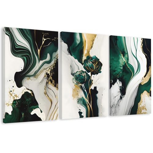 EJPFOGV Triptych Green and Gold Floral Wrapped Canvas Wall Art 24x36 in x3 | Wooden frame, UV-resistant ink, Giclée printing process, Pre-installed hooks make it easy to hang home or office wall decor - color: Gilded green, size: 36"L x 24"W