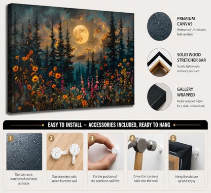 KecKoth Full Moon Forest Canvas Wall Art 12x16Inch - color: Canvas Moon, size: 16"L x 12"W