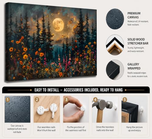 KecKoth Full Moon Forest Canvas Wall Art 16x24Inch - color: Canvas Moon, size: 24"L x 16"W