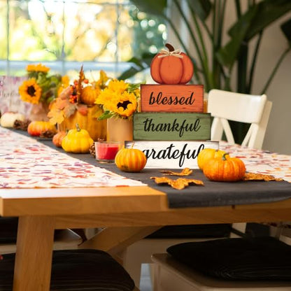 4 Pcs Fall Wooden Table Sign Fall Wooden Tiered Tray Decor Thankful Blessed Grateful Tabletop Signs Farmhouse Pumpkin Wood Blocks for Autumn Thanksgiving Harvest Home Kitchen Table Shelf Decor