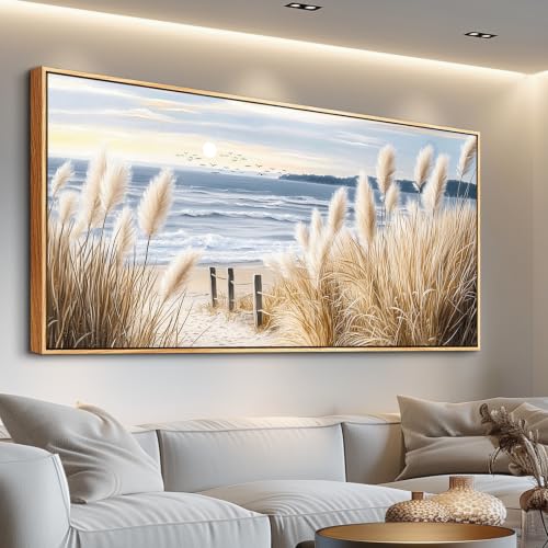 Canvas Printing Wall Art Large Wall Decor for Living Room Restaurant Seaside Reed Papyrus Landscape Painting Wall Pictures Office Mural Farmhouse Home Decor Aesthetics 20x40 in Wood Framed - color: Yellow Reed Beach Seaside Painting, size: 40"L x 20"W