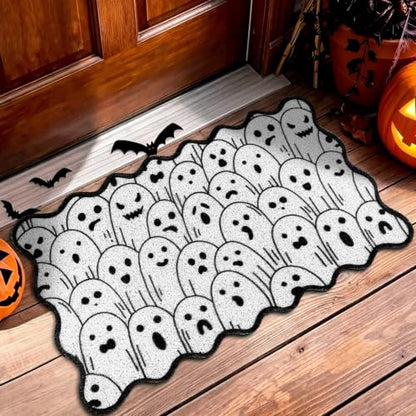 Dunzy Halloween Doormat Ghost Black and White Scalloped Welcome Mat - style: White Ghost