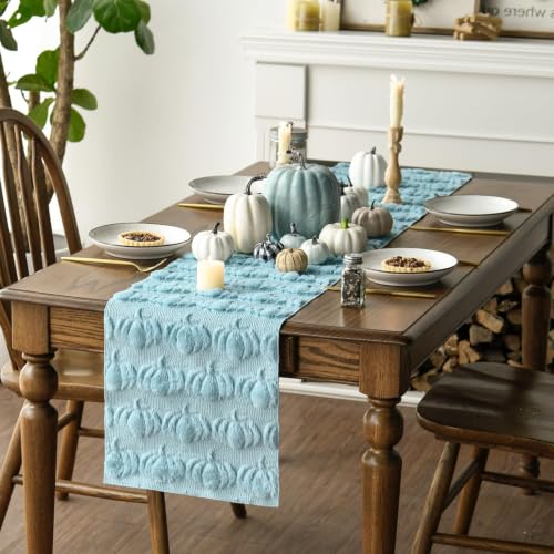Artoid Mode Blue Soft Faux Fur Pumpkins Fall Table Runner 13x72 Inch - color: Blue, size: 13" x 72", Table Runner