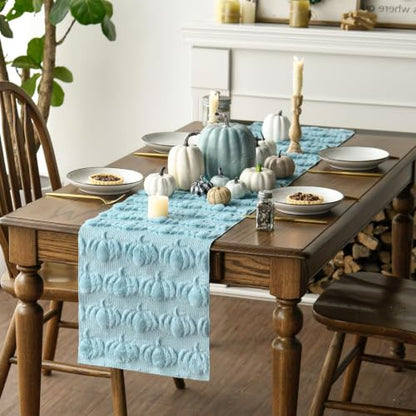 Artoid Mode Blue Soft Faux Fur Pumpkins Fall Table Runner 13x72 Inch - color: Blue, size: 13" x 72", Table Runner