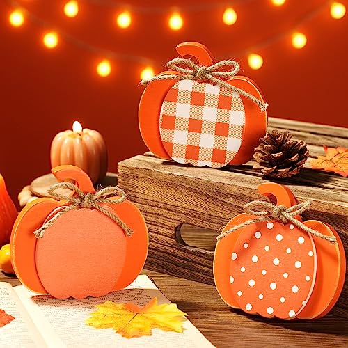 Thyle 3 Pcs Fall Wooden Pumpkin Decor Table Decorations, Orange, White