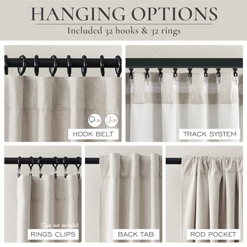 94 Inch Long Blackout Curtains 2 Panel Set, Pleated Boho Farmhouse Curtain for Living Room/Bedroom Darkening/Thermal/Noise Reduction Textured Flax Linen Drapes Hook&Rings Included (50"x94"x2 Natural) - color: Natural Linen, size: 50"W x 94"L (Pack of 2)