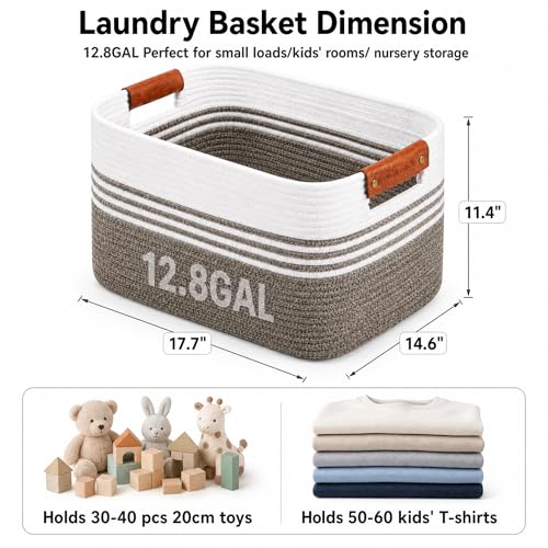 Cotton Rope Laundry Basket Small, 12.8GAL Collapsible Woven Storage Baskets for Living Room Kids Toys Stuffed Animal,Boho Rectangular Decorative Short Hamper for Dirty Clothes, Blankets Dark Brown - color: DarkBrown, size: 12.8GAL