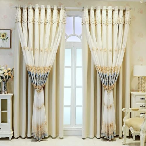 Amidoudou 1 Pair European Double Layer Curtains with Sheer Curtains for Living Room Bedroom Luxury Embroidered Blackout Curtains (Beige,52x84 Inch) - color: Beige, size: 52"W x 84"L (Pack of 2)