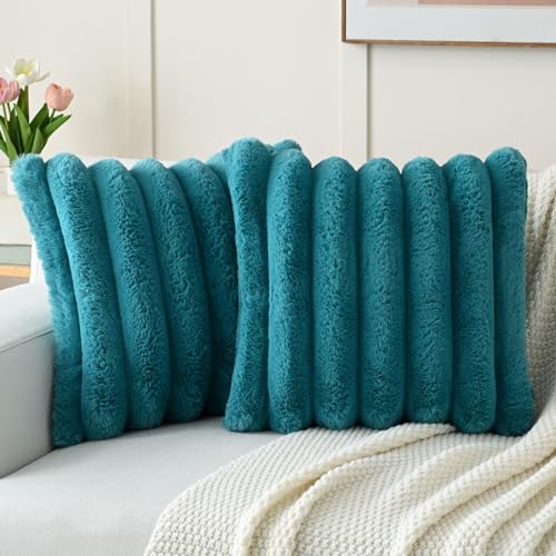HAUSSY Pack of 2 Faux Fur Striped Throw Pillow Covers 18x18 Inch, Teal - color: Teal, size: 18" x 18" (Pack of 2)
