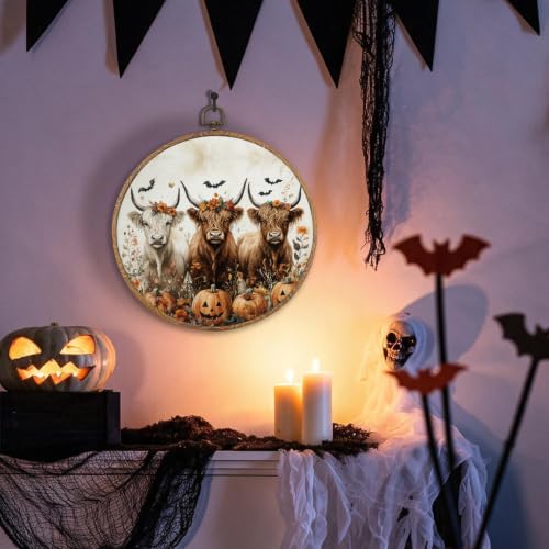 Halloween Highland Cow Pumpkin Round Wall Art, Halloween Picture Wall Decor - color: Highland Cow-2