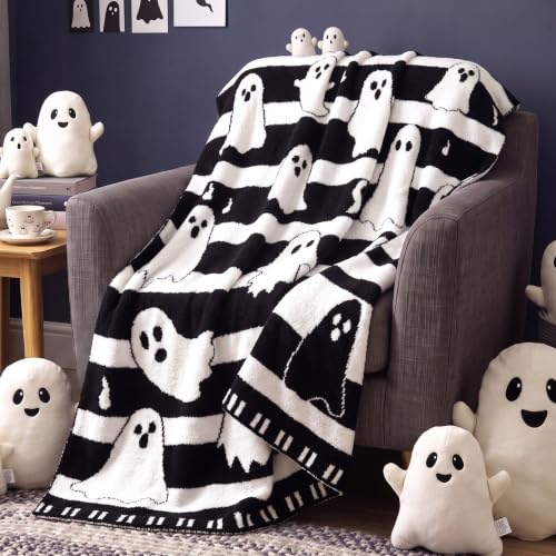 Halloween Ghost Blanket Cute Boo Knitted Throw Blanket 50 x 60 in - color: Black and White, style: Halloween Cute Ghost