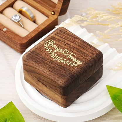 KWOOD Personalized Wooden Wedding Ring Box, Engraved Always &Forever Double Ring Holder, Wedding Ceremony Ring Bearer Box, Anniversary Birthday Gift Idea - style: G-Always & Forever