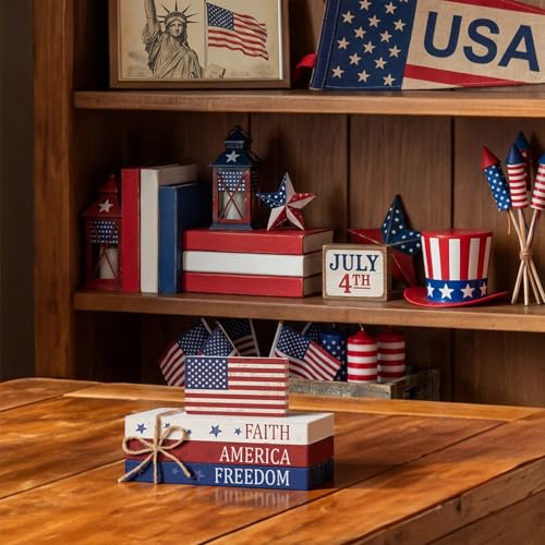 Smile Patriotic Wooden Block Stack with American Flag Decor, 4-Piece "Faith America Freedom" Tiered Tray Tabletop Sign for 4th of July & Memorial Day - style: Flag