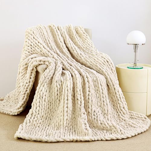 Chunky Knit Blanket Throw for Couch, 51"x63" Chunky Yarn Knitted Blankets - color: Ivory, size: 51"x63"
