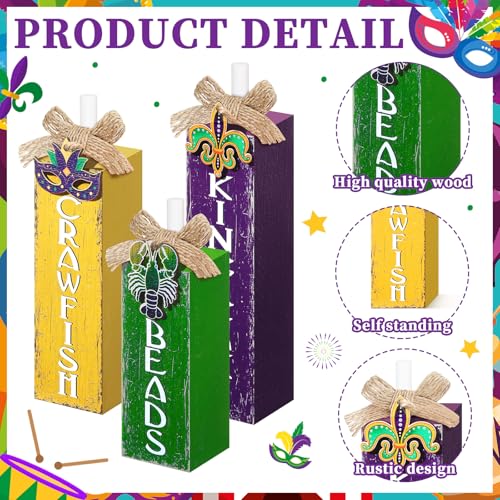 MiniInflat Mardi Gras 3 Pcs Table Decor, Wooden Block Sign Tiered Tray - style: Mardi Gras