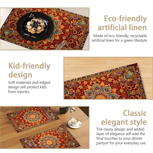 Linen Placemats Set of 6, Fall Boho Carpet Orange Brown Washable Table Mats 12x18 Inch, Heat Resistant Non Slip Placemats for Dining Table Kitchen Everyday Use - color: Fall Boho Carpet Orange Brown