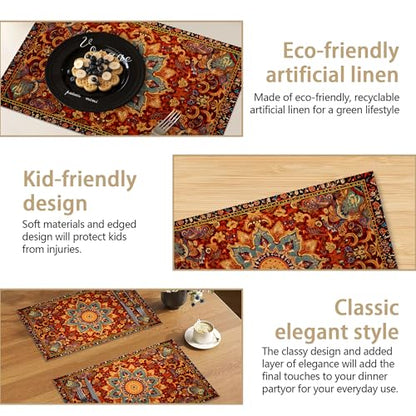 Linen Placemats Set of 6, Fall Boho Carpet Orange Brown Washable Table Mats 12x18 Inch, Heat Resistant Non Slip Placemats for Dining Table Kitchen Everyday Use - color: Fall Boho Carpet Orange Brown