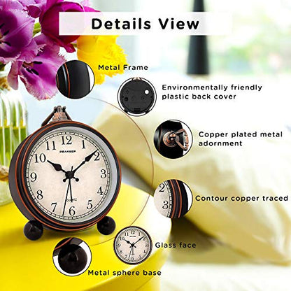Peakeep 4" Small Battery Operated Analog Alarm Clock, Antique Retro Style - color: Black