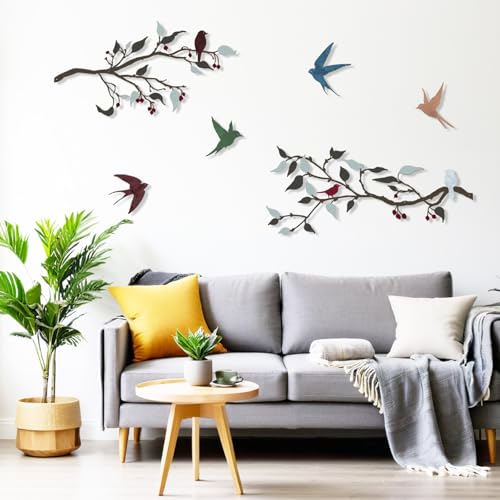 Harikikochuu 4 Pieces Large Birds on Branch Metal Wall Art Decor Bird Silhouette Wall Art Metal Leaves with Swallow Bird Outdoor Wall Art for Balcony Garden Patio Decor (Colorful A) - color: Colorful A