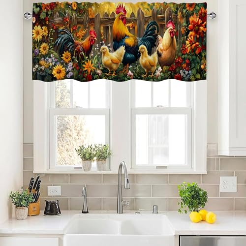 Colorful Floral Chicken Valance Curtains,Rod Pocket Valances for Windows,Small Window Treatment Valances for Kitchen,Living Room,Bedroom,Bathroom,Home Decor,18x54 Inch,1 Panel,Farmhouse Rooster - color: Chicken01, size: 54"W x 18"L (Pack of 1)