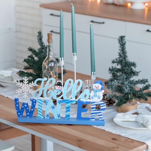 MiniInflat Hello Winter Table Decor Winter Metal Table Sign Christmas Blue Snowman Snowflake Decor with Wood Base for Wonderland Decorations Xmas Home Tiered Tray Mantel Tabletop Centerpiece - style: Hello Winter