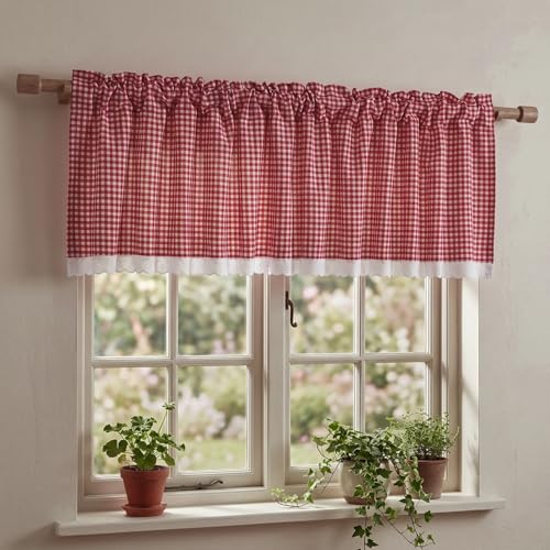 Farmhouse Valance Curtains, Cotton Kitchen Valance Rustic Style Window Valance Half Curtain for Living Room Bathroom Cafe, Rod Pocket, Red White Gingham Plaid, 59 X 24 Inch - color: Red White Gingham Plaid, size: 59"W x 24"L (Pack of 1)
