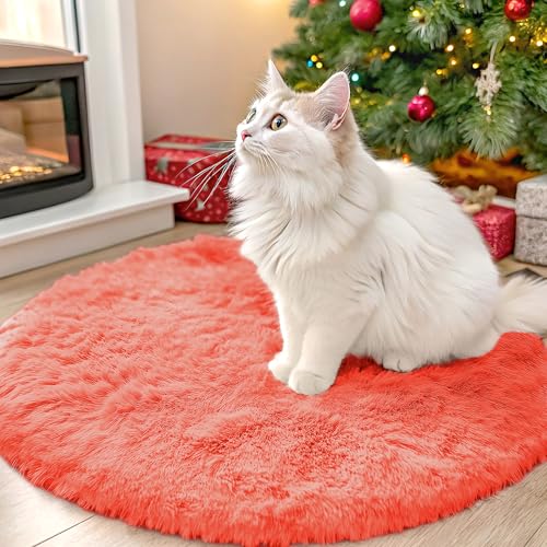 OLANLY Coral Red Round Rugs for Bedroom - Machine Washable, 2 ft Circle Area Rugs for Living Room, Soft and Fluffy Shaggy Carpet for Teen Girl and Boys, Nursery Rooms, Dorms, Home Decor Aesthetic - color: Coral Red, size: 2 Ft Round