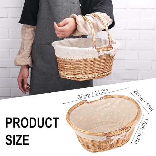 Large Multipurpose Wicker Basket with Handle, 14.2 x 11 x 6.7 in Wicker Picnic Basket with Liner, Empty Gift Basket, Oval Willow Woven Basket for Fruit, Wine, Gathering, Wedding, Picnic, by GNIEMCKIN - size: 1 PCS Large Circular vine