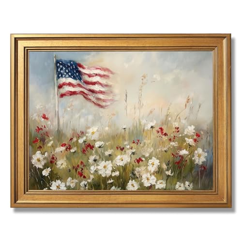 Ripiyome Gold Frame Patriotic Flower American Flag Wall Art 4th of July Americana Decor Vintage Rustic Floral Landscape Canvas Print USA Independence Day Poster for Living Room 8X10inch - color: style-4 Golden Frame, size: 8"L x 10"W