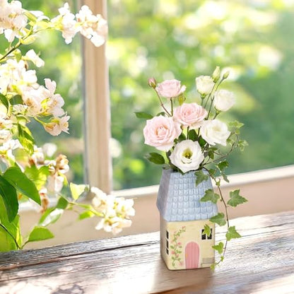Remerry Mini Ceramic House Shape Vase Decorative Small Bud Vases, Blue - color: Blue