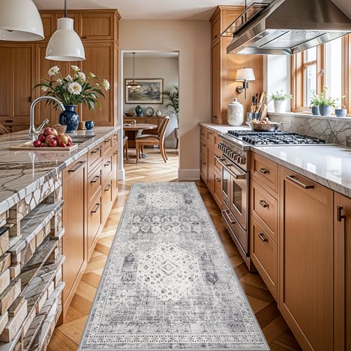 4x8 Halway Washable Runner Rug - Ultra-Soft Wide Kitchen Carpet with Non Slip Backing Stain Resistant Bedroom Laundry Rugs Durable Vintage Distressed Floor Decoration Mat for Bathroom 4'x8' Grey - color: Grey, size: 4' x 8' (Runner)