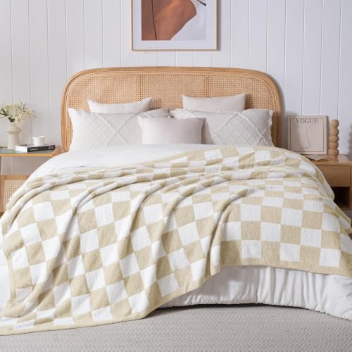 Exclusivo Mezcla Checkered Knit Blanket Twin Size for Bed, Khaki - color: Khaki, size: Twin (60"x80")
