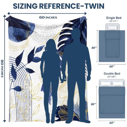 Blue Leaf Throw Blanket, Navy Blue and Gold, 60x80 in - color: Blue, size: 60"Wx80"L