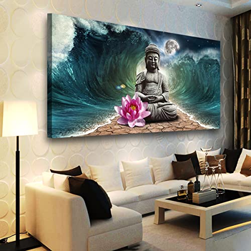 Canvas Wall Art Buddha Pictures Home Decor Grey Zen in The Background of Moon and Waves Poster Prints Painting for Living Room Bedroom Bathroom Kitchen Office Decoration Hindu Artwork 20x40 Inches - color: Grey Buddha Green Wave, size: 40"L x 20"W