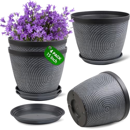 Quarut Large Planter Pot, Plastic Flower Pots with Drainage Hole & Saucer - color: Gray, size: 15 Inch