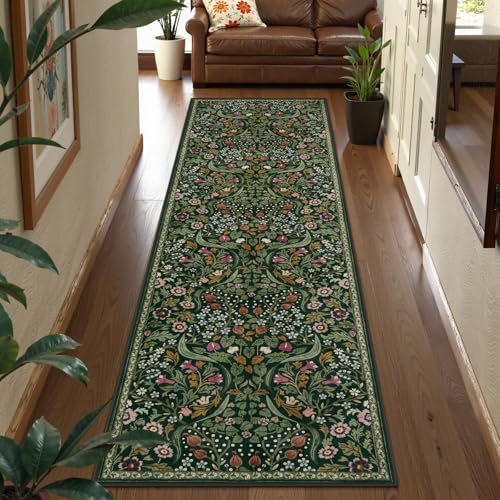Lahome Green Floral Runner Rug, 2.6x8 Washable Botanical Hallway Runner Rug - color: Green, size: 2'6'' x 8'